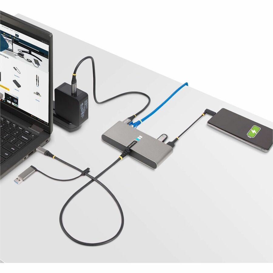 StarTech.com 2-Port USB-C Hub with Gb Ethernet and RS232 FTDI Serial, Attached USB-C to USB-A Dongle, 100W PD Pass-Through, 2x USB-A 5Gbps 5G2A1SGBB-USB-C-HUB