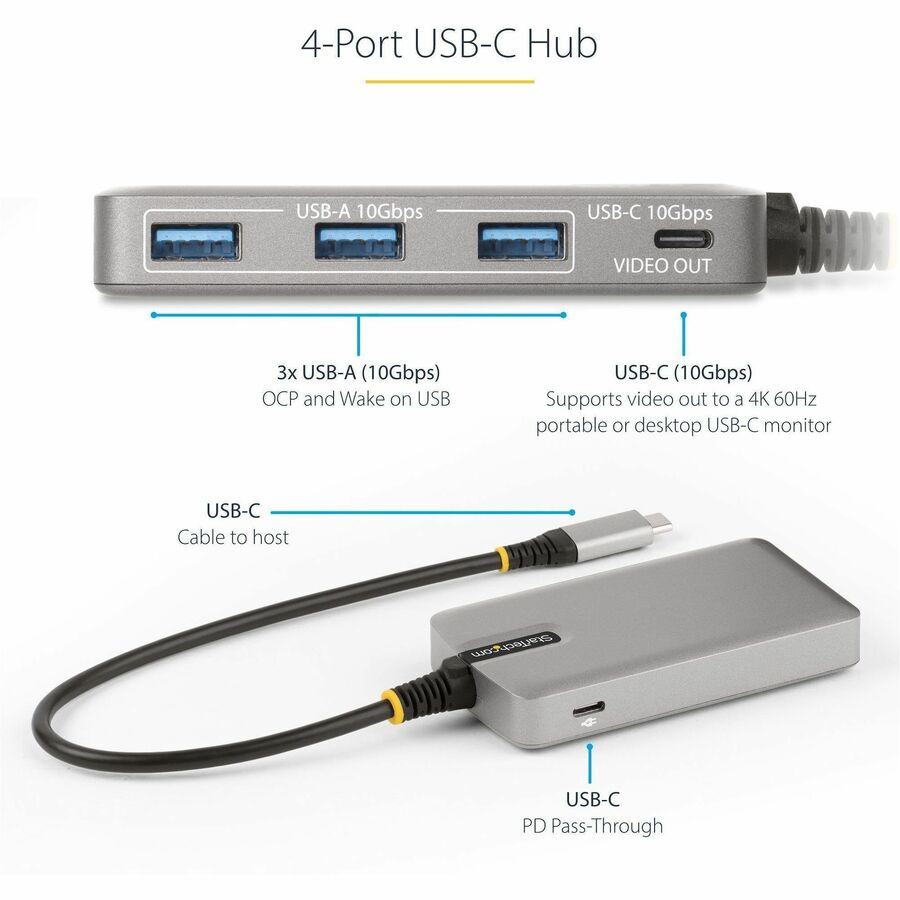 StarTech.com 4-Port USB-C Hub with USB-C DP Alt Mode Video Output, 3x USB-A, 1x USB-C, 100W Power Delivery Pass-Through, USB 3.2 10Gbps HB31C3A1CDPPD3