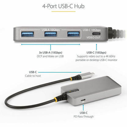 StarTech.com 4-Port USB-C Hub with USB-C DP Alt Mode Video Output, 3x USB-A, 1x USB-C, 100W Power Delivery Pass-Through, USB 3.2 10Gbps HB31C3A1CDPPD3