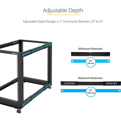 StarTech.com 4-Post 15U Mobile Open Frame Server Rack, 19" Network Rack with Casters, Rolling Rack for Computer/AV/Data/IT Equipment 4POSTRACK15U