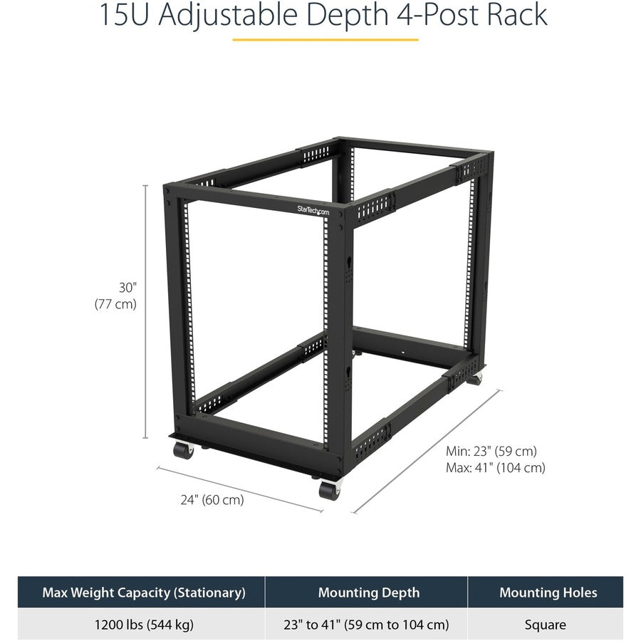 StarTech.com 4-Post 15U Mobile Open Frame Server Rack, 19" Network Rack with Casters, Rolling Rack for Computer/AV/Data/IT Equipment 4POSTRACK15U