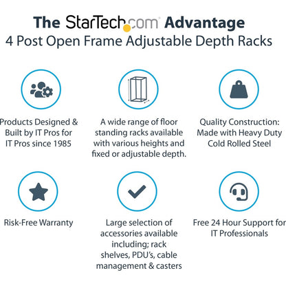 StarTech.com 4-Post 15U Mobile Open Frame Server Rack, 19" Network Rack with Casters, Rolling Rack for Computer/AV/Data/IT Equipment 4POSTRACK15U