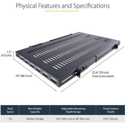 StarTech.com 1U 4-Post 19.5 to 38in Adjustable Mounting Depth Vented Rack Mount Shelf - Heavy Duty Fixed Rack Shelf - 330lbs / 150kg - 27.5in Deep ADJSHELFHDV