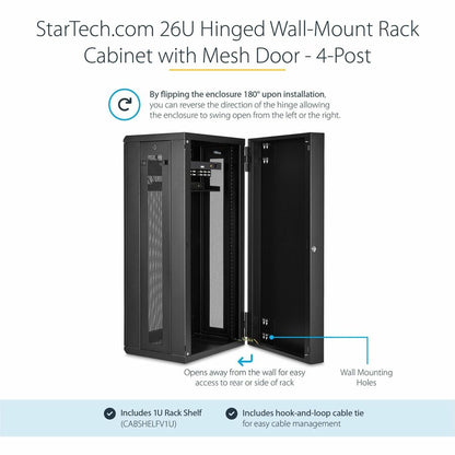 StarTech.com 26U 19" Wall Mount Network Cabinet - 16" Deep Hinged Locking Flexible IT Data Equipment Rack Vented Switch Enclosure w/Shelf RK2620WALHM