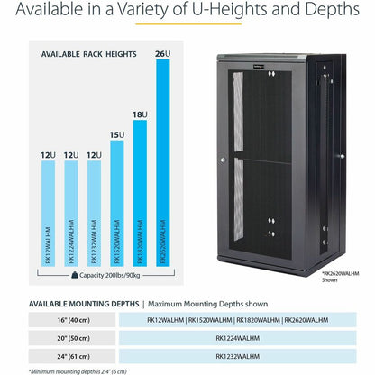 StarTech.com 26U 19" Wall Mount Network Cabinet - 16" Deep Hinged Locking Flexible IT Data Equipment Rack Vented Switch Enclosure w/Shelf RK2620WALHM