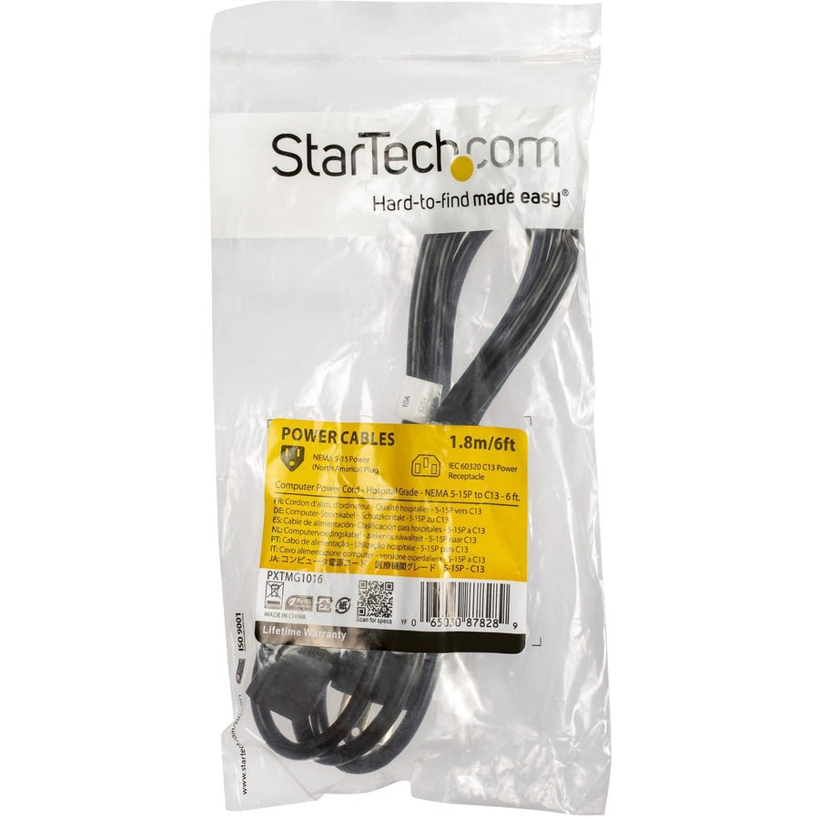 StarTech.com 6ft (2m) Hospital Grade Power Cord, 18AWG, NEMA 5-15P to C13, 10A 125V, Green Dot Medical Power Cable, Monitor Power Cable PXTMG1016