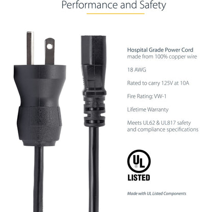 StarTech.com 6ft (2m) Hospital Grade Power Cord, 18AWG, NEMA 5-15P to C13, 10A 125V, Green Dot Medical Power Cable, Monitor Power Cable PXTMG1016