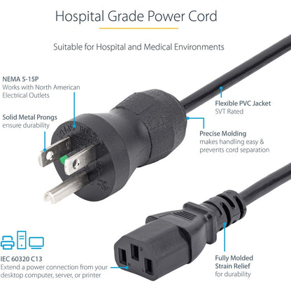 StarTech.com 6ft (2m) Hospital Grade Power Cord, 18AWG, NEMA 5-15P to C13, 10A 125V, Green Dot Medical Power Cable, Monitor Power Cable PXTMG1016