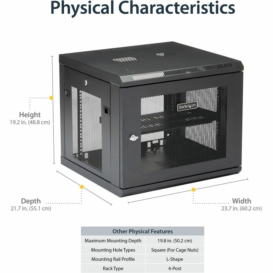 StarTech.com 4-Post 9U Wall Mount Network Cabinet, 19" Wall-Mounted Server Rack for Data / Computer Equipment, Small IT Rack Enclosure RK920WALM