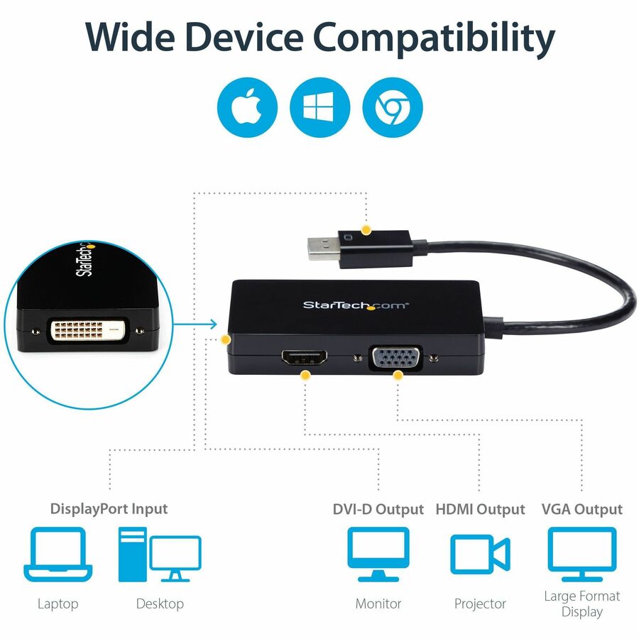 StarTech.com Travel A/V adapter: 3-in-1 DisplayPort to VGA DVI or HDMI converter DP2VGDVHD