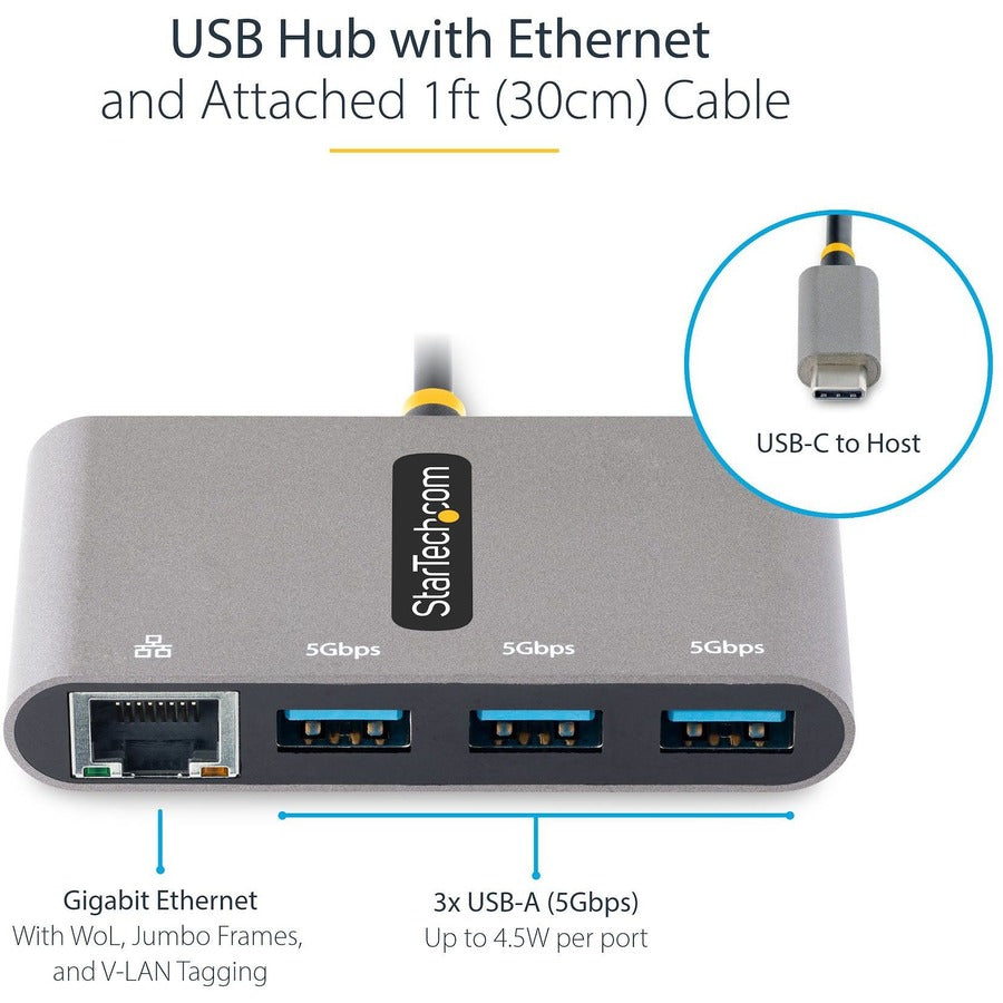 StarTech.com 3-Port USB-C Hub with Ethernet, 3x USB-A, Gigabit Ethernet, USB 3.0 5Gbps, Bus-Powered, Portable Laptop USB Type-C Hub w/ GbE HB30C3A1GEA2