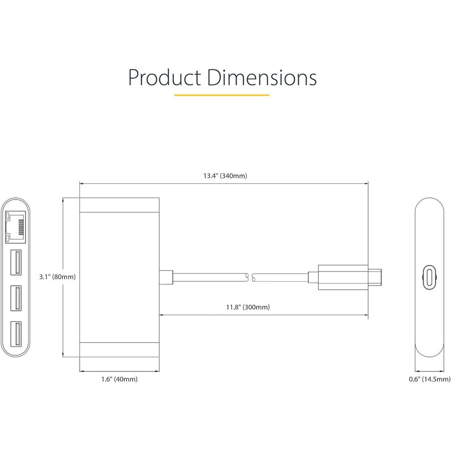 StarTech.com 3-Port USB-C Hub with Ethernet, 3x USB-A, Gigabit Ethernet, USB 3.0 5Gbps, Bus-Powered, Portable Laptop USB Type-C Hub w/ GbE HB30C3A1GEA2