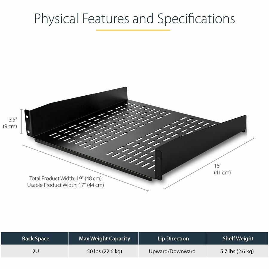 StarTech.com 2U 16in Universal Vented Rack Mount Cantilever Shelf - Fixed Server Rack Cabinet Shelf - 50lbs / 23kg CABSHELFV