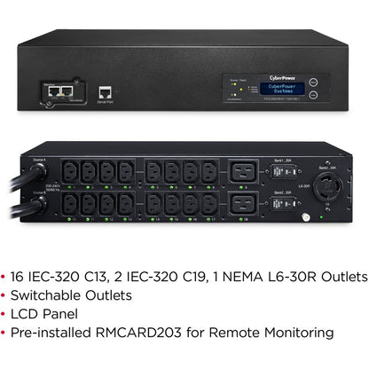 CyberPower PDU30SWHVT19ATNET Switched ATS PDU 200-240V 30A 2U 19-Outlets (2) L6-30P PDU30SWHVT19ATNET