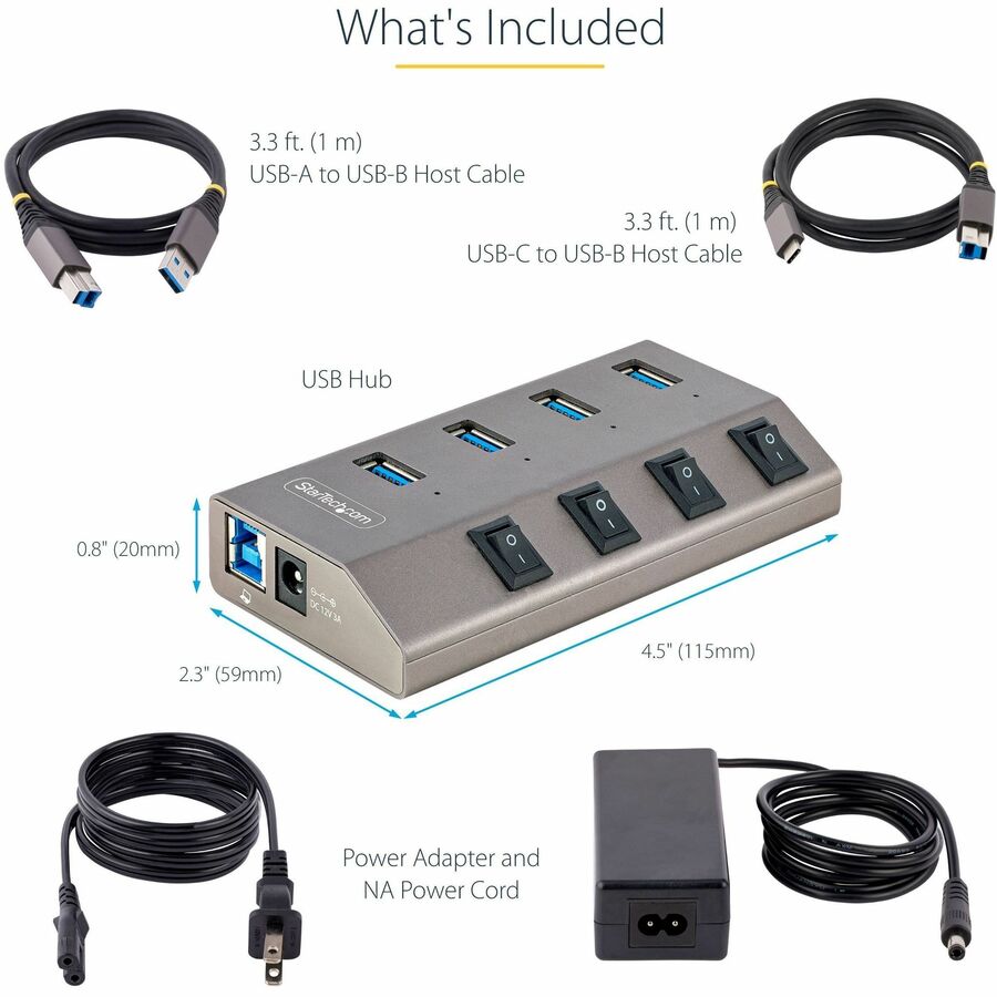 StarTech.com 4-Port Self-Powered USB-C Hub with Individual On/Off Switch, Desktop/Laptop USB-C to USB-A Hub, USB Type C Hub w/Power Supply 5G4AIBS-USB-HUB-NA