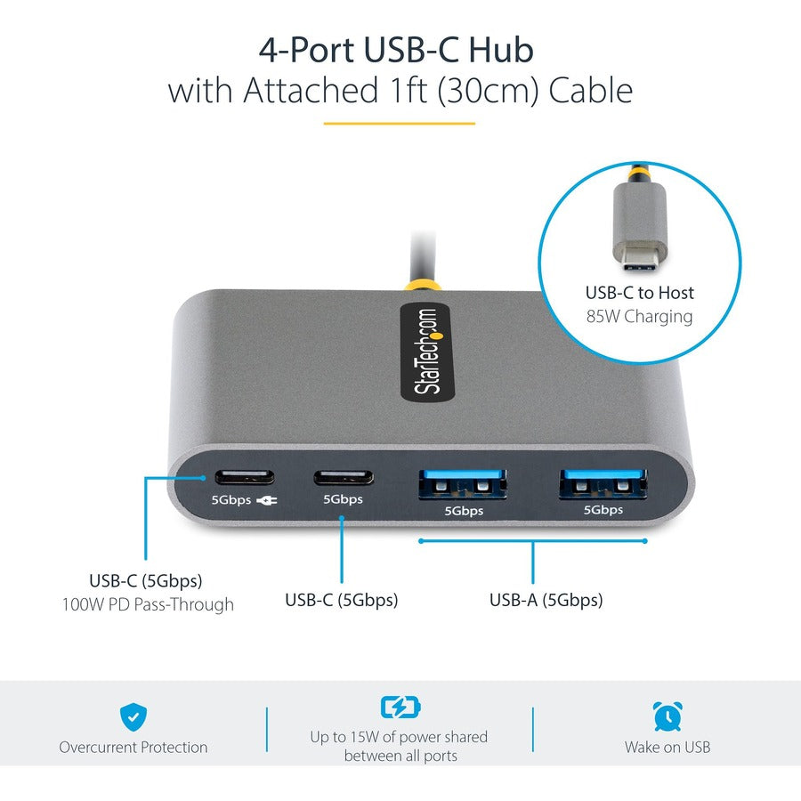 StarTech.com 4-Port USB-C Hub with 100W Power Delivery Pass-Through, 2x USB-A + 2x USB-C, 5Gbps, 1ft/30cm Long Cable, Portable USB 3.0 Hub 5G2A2CPDB-USB-C-HUB