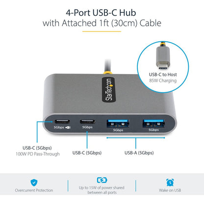 StarTech.com 4-Port USB-C Hub with 100W Power Delivery Pass-Through, 2x USB-A + 2x USB-C, 5Gbps, 1ft/30cm Long Cable, Portable USB 3.0 Hub 5G2A2CPDB-USB-C-HUB