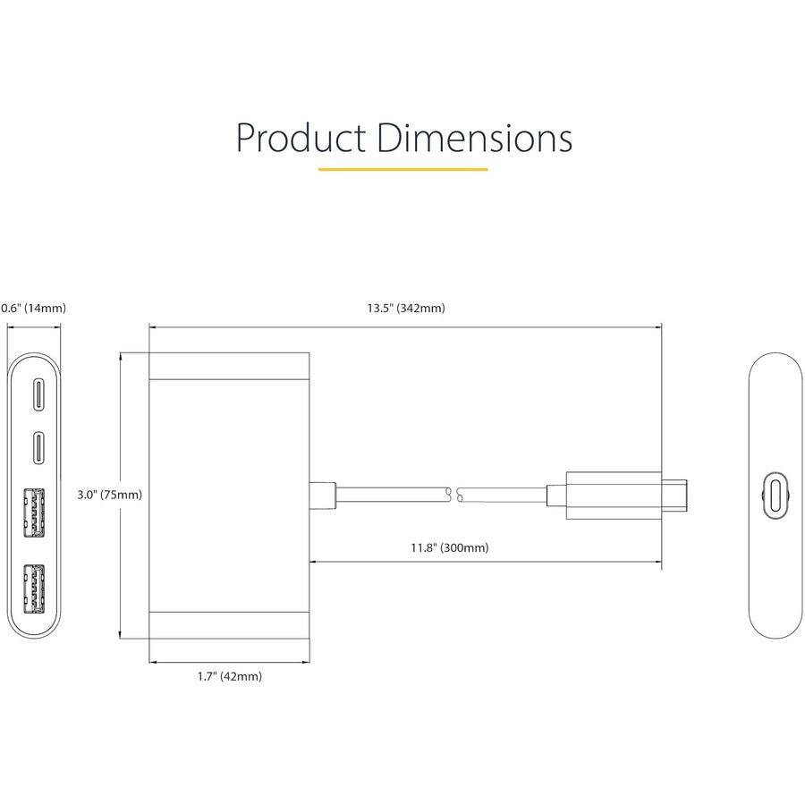 StarTech.com 4-Port USB-C Hub with 100W Power Delivery Pass-Through, 2x USB-A + 2x USB-C, 5Gbps, 1ft/30cm Long Cable, Portable USB 3.0 Hub 5G2A2CPDB-USB-C-HUB