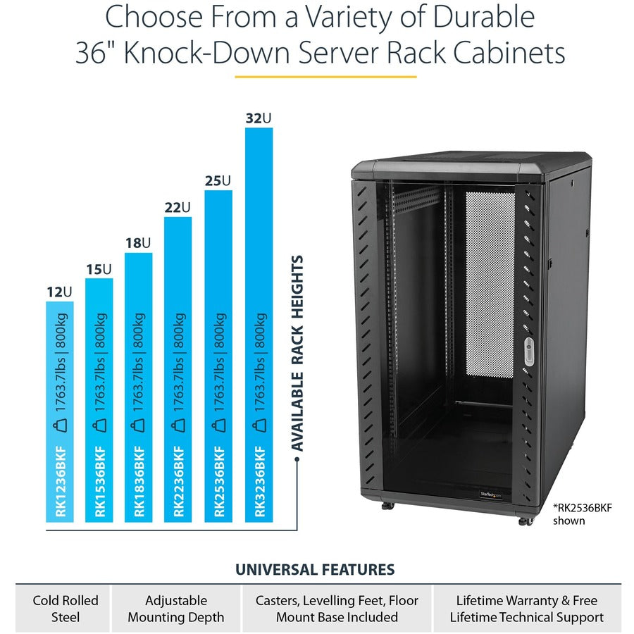 StarTech.com 4-Post 18U Server Rack Cabinet, 19" Data Rack Cabinet for Computer / IT Equipment, Home Network Rack, Half Height Server Rack RK1836BKF