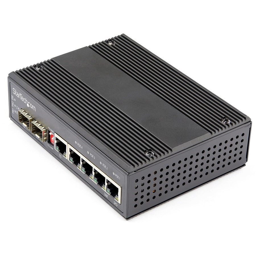 StarTech.com Industrial 6 Port Gigabit Ethernet Switch w/4 PoE RJ45 +2 SFP Slots 30W 802.3at PoE+ 12-48VDC 10/100/1000 Mbps -40C to 75C IES1G52UP12V