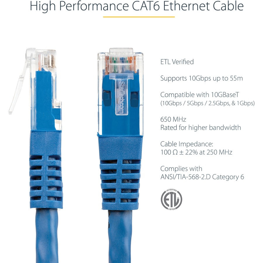 StarTech.com 1ft CAT6 Ethernet Cable - Blue Molded Gigabit - 100W PoE UTP 650MHz - Category 6 Patch Cord UL Certified Wiring/TIA C6PATCH1BL