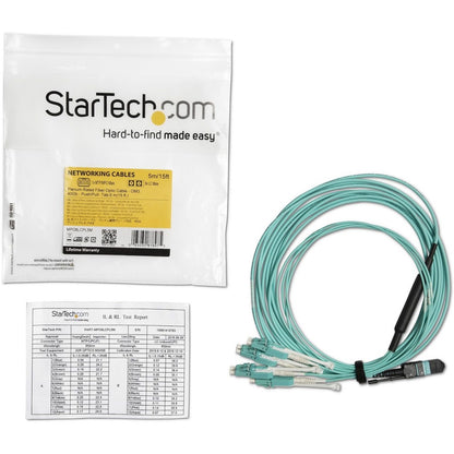 StarTech.com 5m (16.4ft) MTP(F)/PC to 4x LC/PC Duplex Breakout OM3 Multimode Fiber Optic Cable, 40G, Low Insertion Loss, Fiber Jumper Cord MPO8LCPL5M