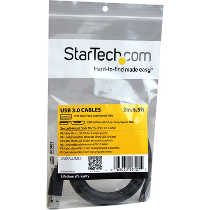 StarTech.com 2m 6 ft Slim Micro USB 3.0 (5Gbps) Cable - M/M - USB 3.0 A to Left-Angle Micro USB - USB 3.2 Gen 1 USB3AU2MLS