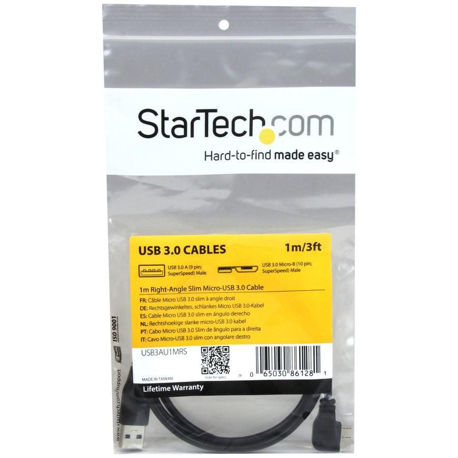 StarTech.com 1m 3 ft Slim Micro USB 3.0 (5Gbps) Cable - M/M - USB 3.0 A to Right-Angle Micro USB - USB 3.2 Gen 1 USB3AU1MRS