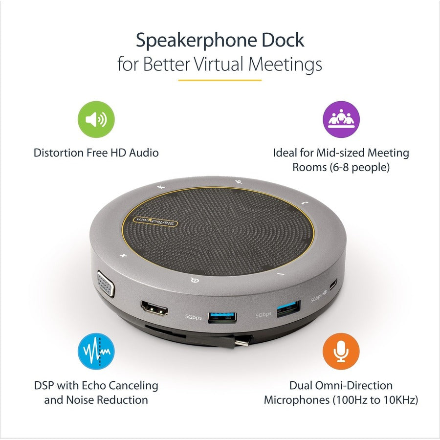 StarTech.com USB-C Speakerphone Docking Station, Mini Portable Conference Speaker/Audio Dock, VGA/4K HDMI, USB Hub, Teams/Zoom/Softphone DKTBRSPMPD