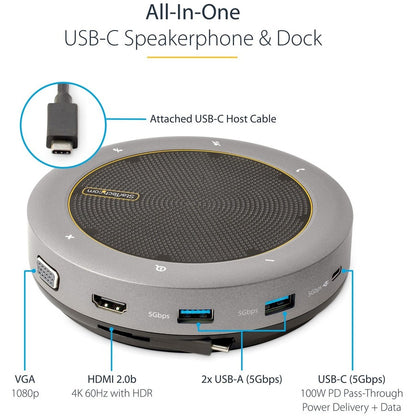 StarTech.com USB-C Speakerphone Docking Station, Mini Portable Conference Speaker/Audio Dock, VGA/4K HDMI, USB Hub, Teams/Zoom/Softphone DKTBRSPMPD