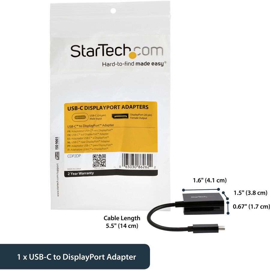 StarTech.com USB C to DisplayPort Adapter 4K 60Hz - USB Type-C to DP 1.4 Monitor Video Converter (DP Alt Mode) - Thunderbolt 3 Compatible CDP2DP