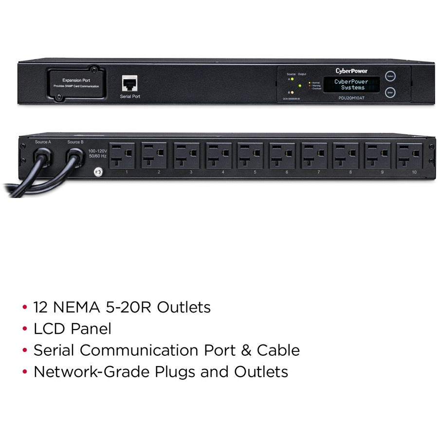 CyberPower PDU20MT10AT Metered ATS PDU 120V 20A 1U 10-Outlets (2) L5-20P PDU20MT10AT