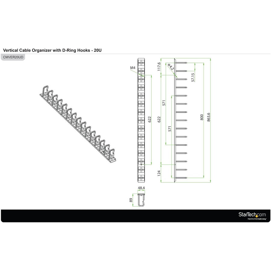 StarTech.com Vertical Cable Organizer with D-Ring Hooks - Vertical Cable Management Panel - 20U - 2.8ft. CMVER20UD