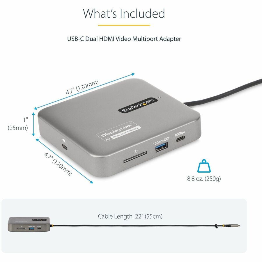 StarTech.com USB C Multiport Adapter, Dual 4K 60Hz HDMI 2.0b, 2x 10Gbps USB Hub, 100W PD Pass-Through, GbE, SD, Mini Dock, Win/Mac 102B-USBC-MULTIPORT