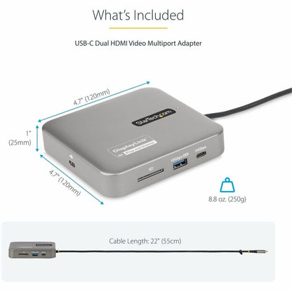 StarTech.com USB C Multiport Adapter, Dual 4K 60Hz HDMI 2.0b, 2x 10Gbps USB Hub, 100W PD Pass-Through, GbE, SD, Mini Dock, Win/Mac 102B-USBC-MULTIPORT