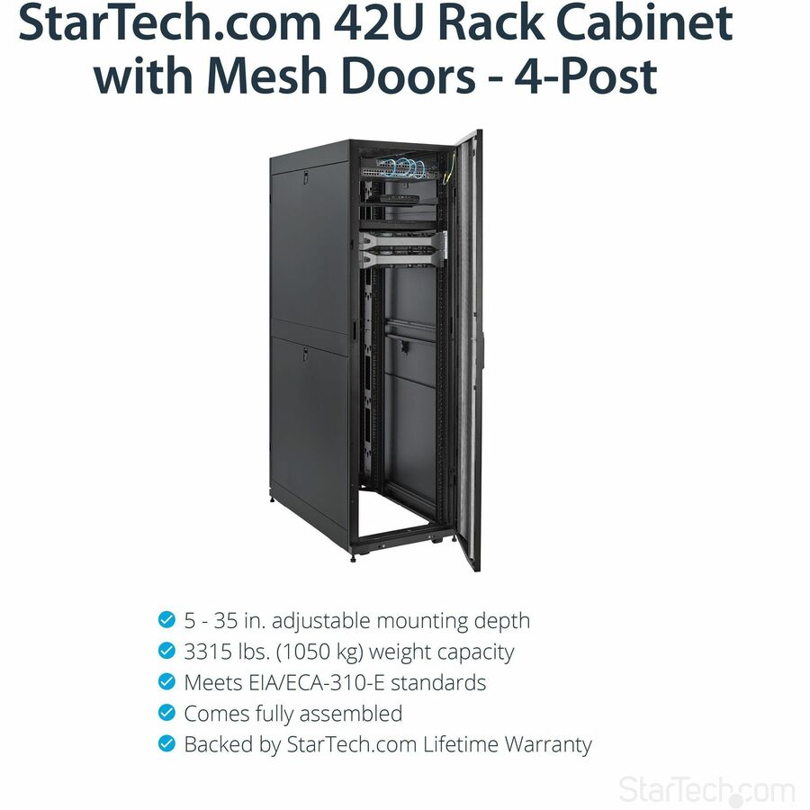 StarTech.com 4-Post 42U Server Rack Cabinet, 19" Data Rack Cabinet for Computer / IT Equipment mount, Rack Server Cabinet with Casters RK4242BK24