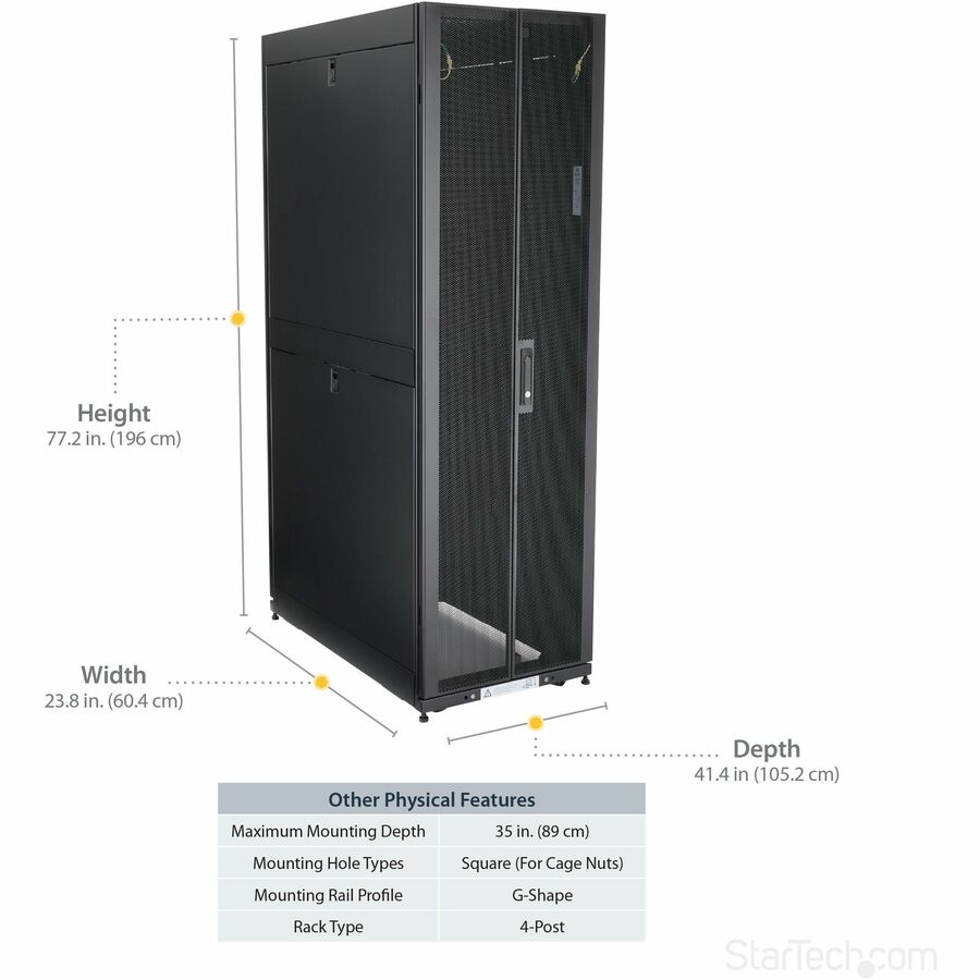 StarTech.com 4-Post 42U Server Rack Cabinet, 19" Data Rack Cabinet for Computer / IT Equipment mount, Rack Server Cabinet with Casters RK4242BK24