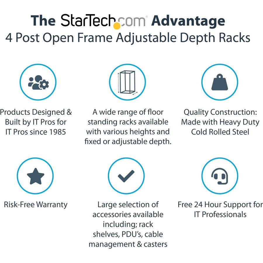 StarTech.com 4-Post 18U Mobile Open Frame Server Rack, 19" Network Rack with Casters, Rolling Rack for Computer/AV/Data/IT Equipment 4POSTRACK18U