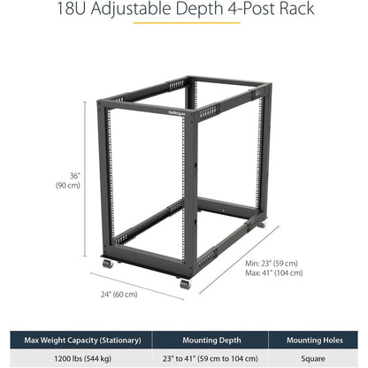 StarTech.com 4-Post 18U Mobile Open Frame Server Rack, 19" Network Rack with Casters, Rolling Rack for Computer/AV/Data/IT Equipment 4POSTRACK18U