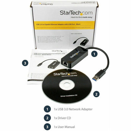 StarTech.com USB 3.0 to Gigabit Ethernet Adapter NIC w/ USB Port - Black USB31000SPTB