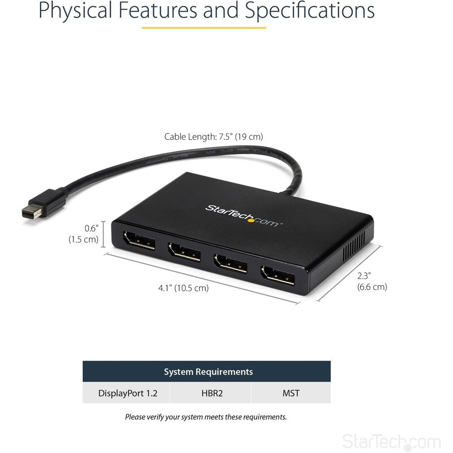 StarTech.com 4-Port Multi Monitor Adapter, Mini DisplayPort 1.2 to DP MST Hub, 4x 1080p, Video Splitter for Extended Desktop Mode, Windows MSTMDP124DP