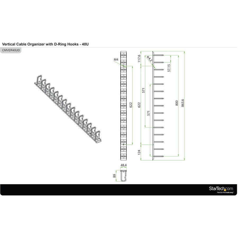 StarTech.com Vertical Cable Organizer with D-Ring Hooks - Vertical Cable Management Panel - 40U - 6 ft. CMVER40UD