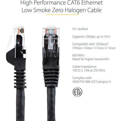 StarTech.com 6in (15cm) CAT6 Ethernet Cable, LSZH (Low Smoke Zero Halogen) 10 GbE Snagless 100W PoE UTP RJ45 Black Network Patch Cord, ETL N6LPATCH6INBK