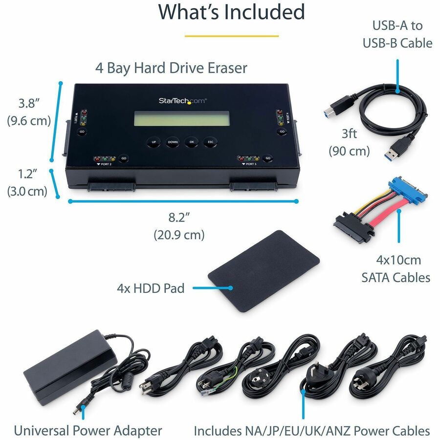 StarTech.com 4 Bay SSD/HDD Hard Drive Eraser, 2.5/3.5" SATA, Standalone Wiper, Disk Sanitizer, Hardware Wiper Erasing Tool, NIST/DOD/TAA SATERASER4