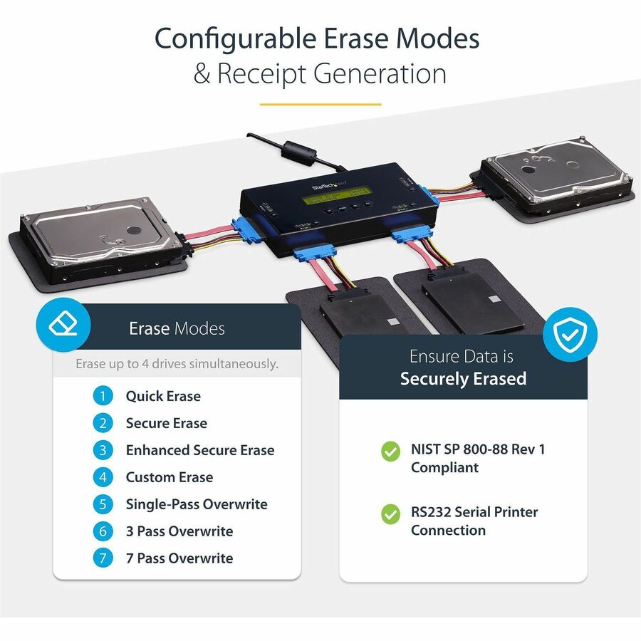 StarTech.com 4 Bay SSD/HDD Hard Drive Eraser, 2.5/3.5" SATA, Standalone Wiper, Disk Sanitizer, Hardware Wiper Erasing Tool, NIST/DOD/TAA SATERASER4