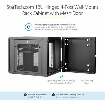 StarTech.com 12U 19" Wall Mount Network Cabinet - 24" Deep Hinged Vented Server Room Enclosure Locking Flexible IT Equipment Rack w/Shelf RK1232WALHM