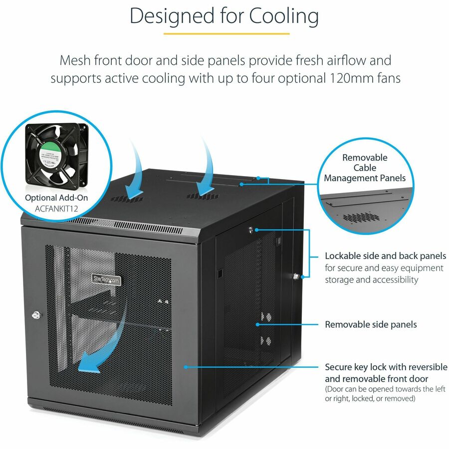 StarTech.com 12U 19" Wall Mount Network Cabinet - 24" Deep Hinged Vented Server Room Enclosure Locking Flexible IT Equipment Rack w/Shelf RK1232WALHM