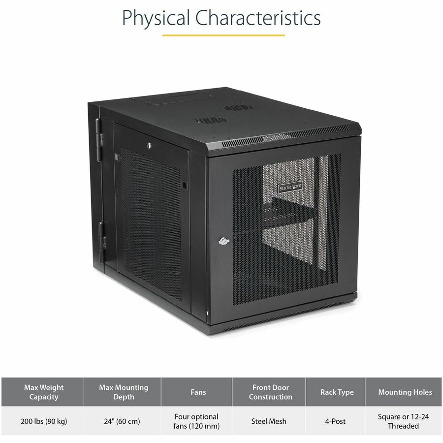 StarTech.com 12U 19" Wall Mount Network Cabinet - 24" Deep Hinged Vented Server Room Enclosure Locking Flexible IT Equipment Rack w/Shelf RK1232WALHM