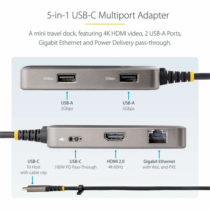 StarTech.com USB-C Multiport Adapter, 4K60Hz HDMI, HDR, 2-Port 5Gbps USB Hub, 100W PD Pass-Through, GbE, Mini Dock, Windows/macOS/ChromeOS 103B-USBC-MULTIPORT