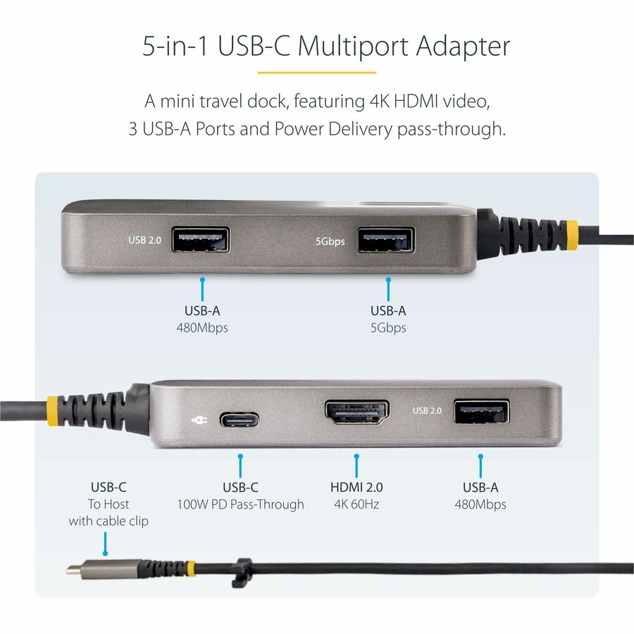 StarTech.com USB-C Multiport Adapter, 4K 60Hz HDMI, 3-Port USB Hub, 100W Power Delivery Pass-Through, Mini Dock, Windows/macOS/ChromeOS 104B-USBC-MULTIPORT